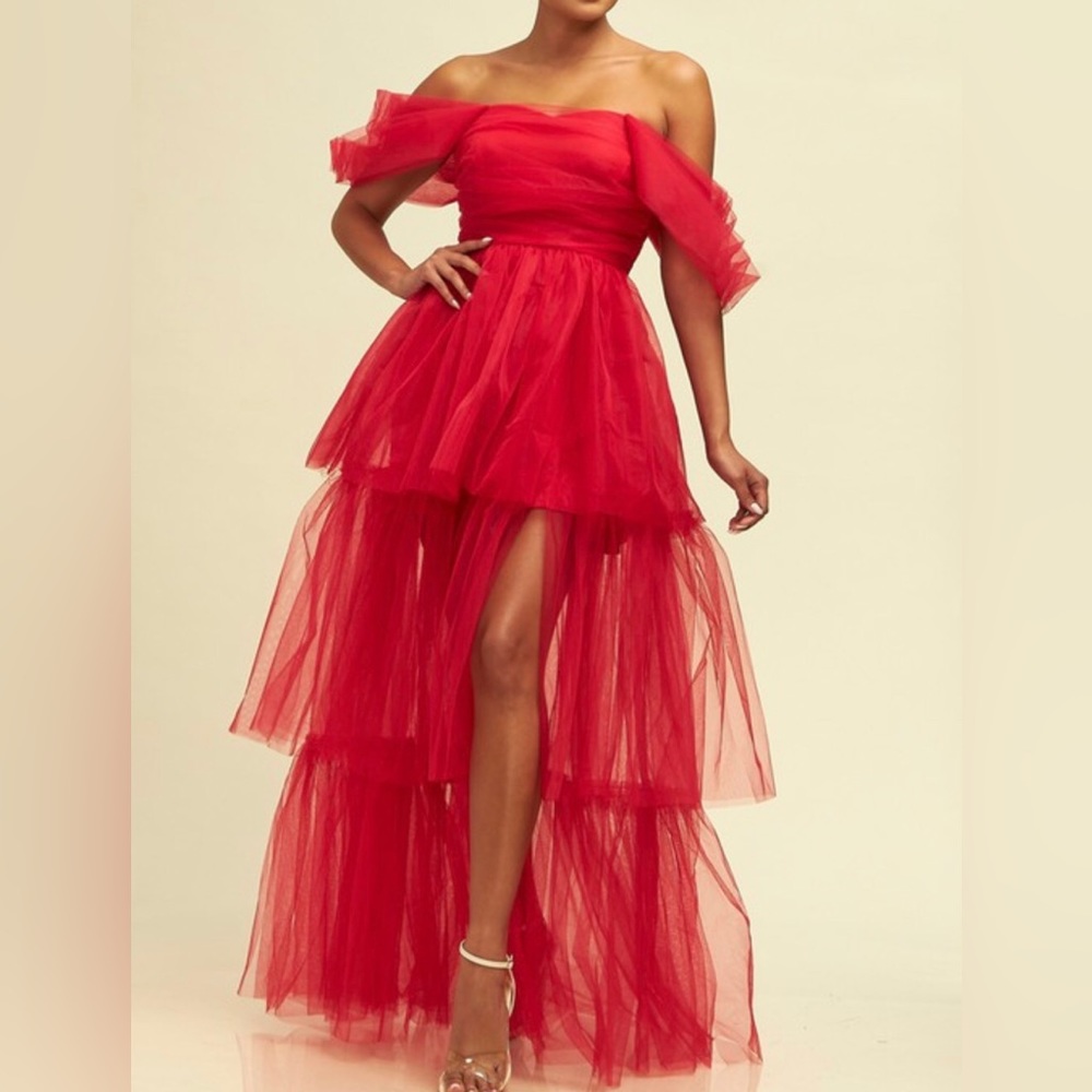 High Slit Red Tulle Layers Maxi Gown